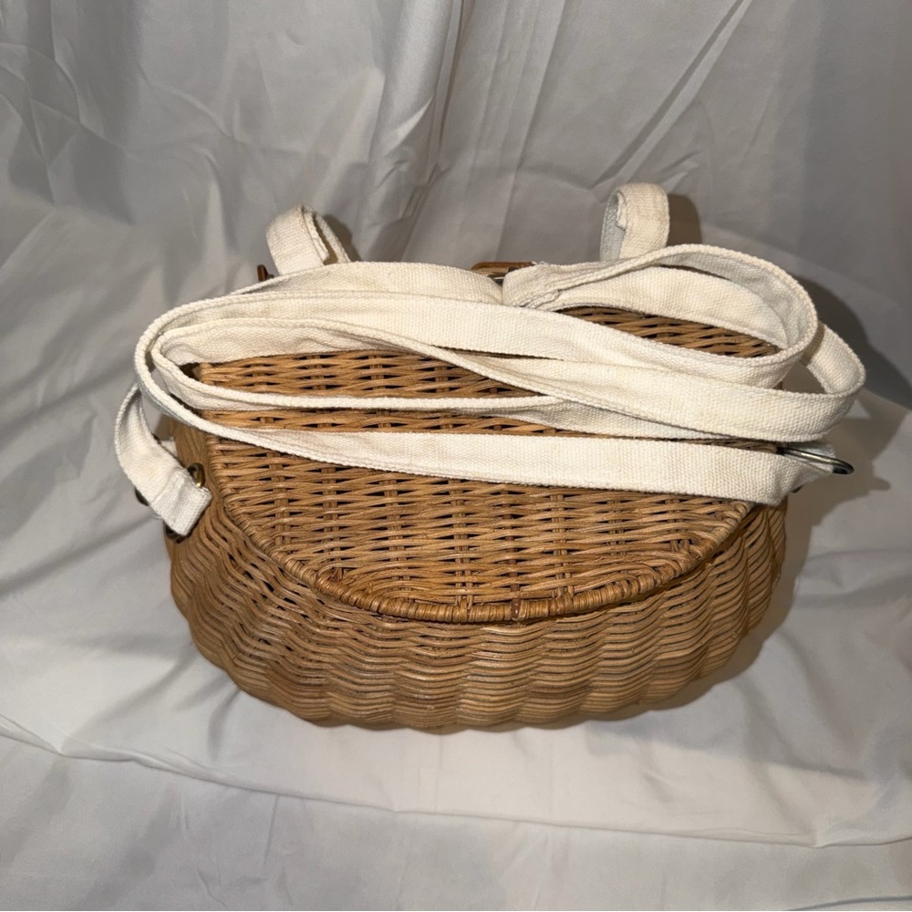 Olli Ella Mamacahri Wicker Basket w/ Canvas Carry Strap & Lid Boho Multiuse - Picture 8 of 10
